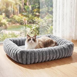 Cat Beds for Indoor Cats, Square Self Warming Cat Bed Orthopedic Pet Bed with Pillow Super Soft Rabbit Fur Small Dog Beds, Calming Plush Kitten Bed with Removable Washable Cover & Anti-Slip Bottom, S: 22"L x 18"W x 6"Th