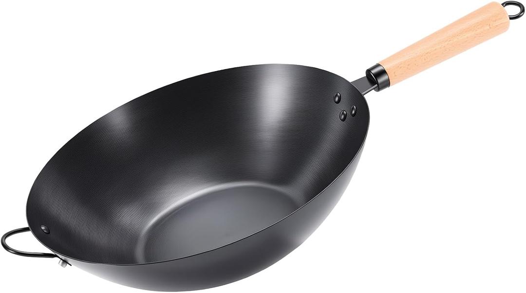 NEWBULIG 13.5" Carbon Steel Wok Pan, Pre-Seasoned Flat Bottom Wok for Stir Fry, BBQ, Grill & Camping, Compatible with Induction, Electric, Gas and Open Fire, Black