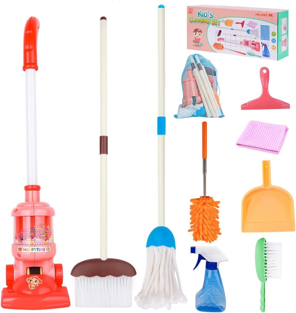 Meland Kids Cleaning Set - 8Pcs Toddler Broom and Toy Vacuum Cleaner, Pretend Play Children House Cleaning Toys, Christmas Birthday Gift for Girls and Boys