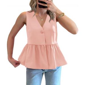 Tankaneo Womens V Neck Babydoll Tank Tops Peplum Ruffle Hem Sleeveless Shirts Summer Casual Button Down Flowy Tops Light Pink (Pink)
