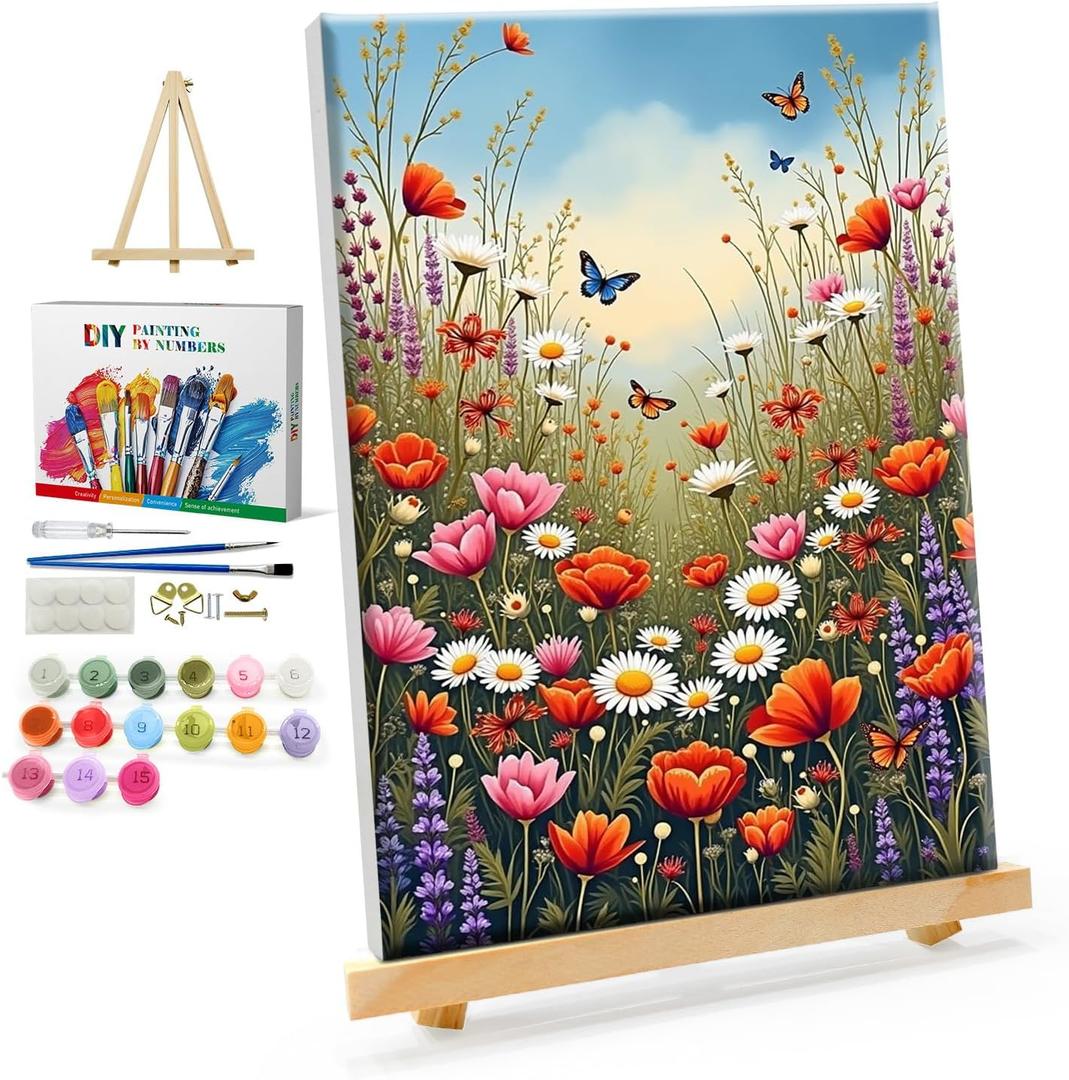YOYA Framed Paint by Numbers Kit for Adults - Flowers Adult Paint By Number Kits on Canvas with Easel, DIY Flower Paint by Number Framed Canvas for Home Wall Decor 8x12 Inch