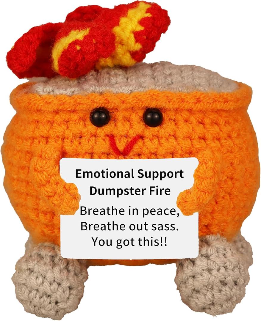 3 x Handmade Emotional Support Dumpster Fire Crochet Gift - Funny Desk Decor with Positive Card for Coworkers, Teachers, Adults, Meme Lovers, Christmas, Halloween, Office Pranks, Knitted Doll Toy (Orange)