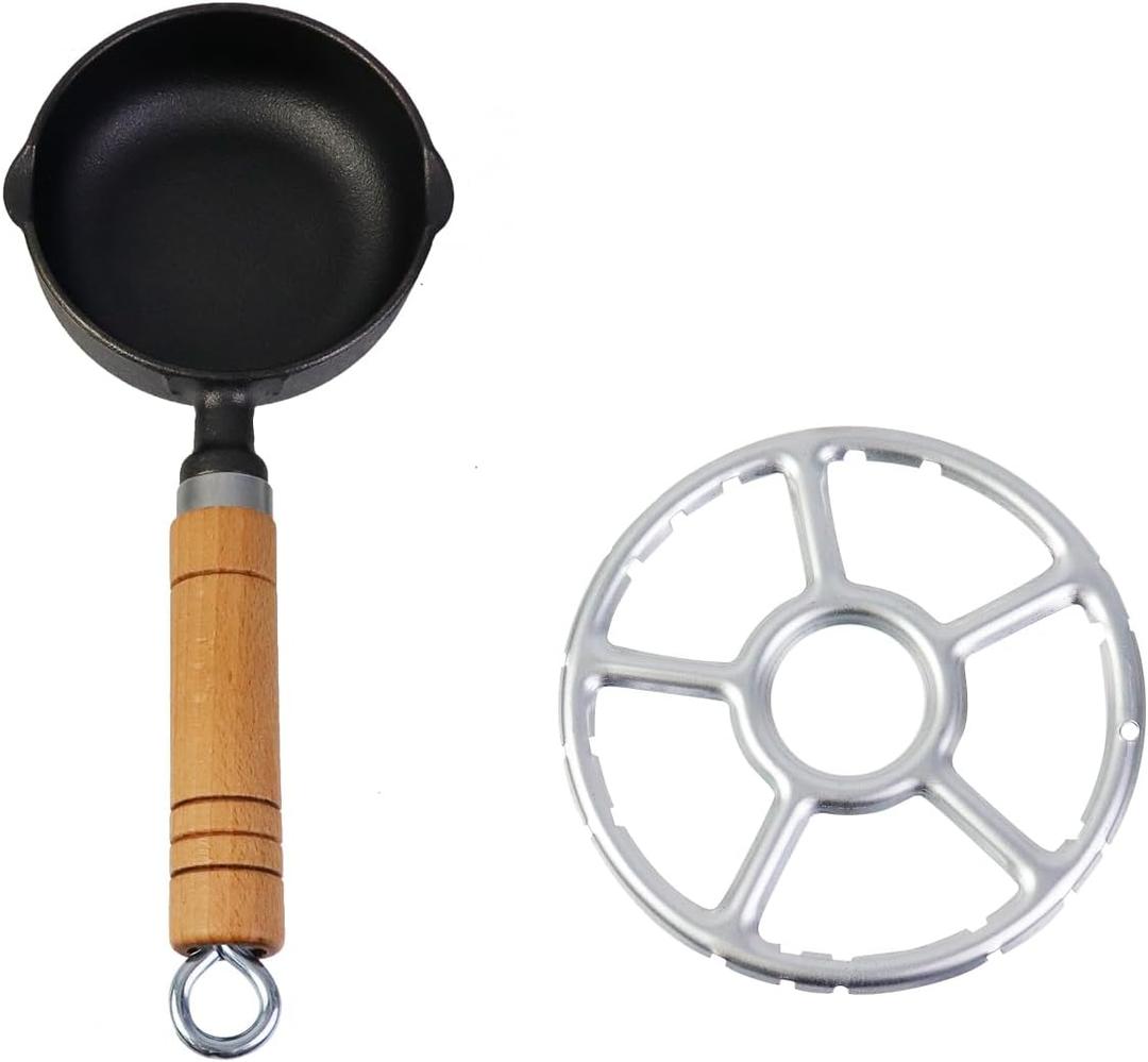 Geesatis 1 Pcs Mini Cast Iron Skillet Small Skillets Frying Pans, with Wok Support Ring for Oil, Baked Cookie, Eggs, Wooden Handles