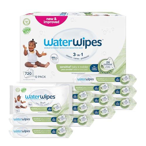 WaterWipes Sensitive+ Baby & Toddler Wipes, 3-In-1 Cleans, Cares, Protects, 99.9% Water, Textured Clean, Unscented & Hypoallergenic, 720 Count (5 Packs)