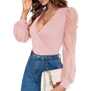 Fayenne Womens Tops Deep V Neck Cross Wrap Sexy Tops Polka Dot Mesh Long Sleeve T Shirt Casual Blouses Large