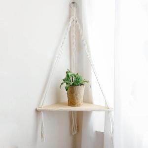 Artilady Macrame Corner Shelf Wall Hanging - White Corner Floating Shelves Boho Wall Decor, Rustic Wooden Plant Shelf Storage Rack for Bedroom Living Room Bathroom (1 Layer White)