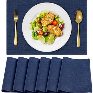 Cloth Placemats, Set of 6 Heat-Resistant Cotton Linen Blend Double Layered Machine Washable Place Mats, Wrinkle Free Thick Fabric Dining Table Mats for Indoors & Outdoors (Navy Blue, 6)