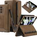 DEMCERT for Samsung Galaxy Z Fold 5 Case with [Fold5 Edition S-Pen Slot], Military Armor Cases Full Body Protective Anti-Scratch Hard Slim Leather Bracket Case with Screen Protector (Brown)