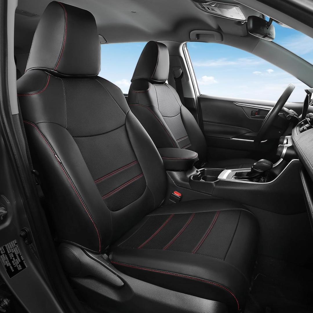FREESOO Custom Fit RAV4 Seat Covers for Toyota RAV 4 2025-2019 Hybrid LE XLE Premium Limited, Faux Leather, 4Layer Waterproof, F/R Headrest, Airbag Deployment Compatible, Durable, Black Red Full Set