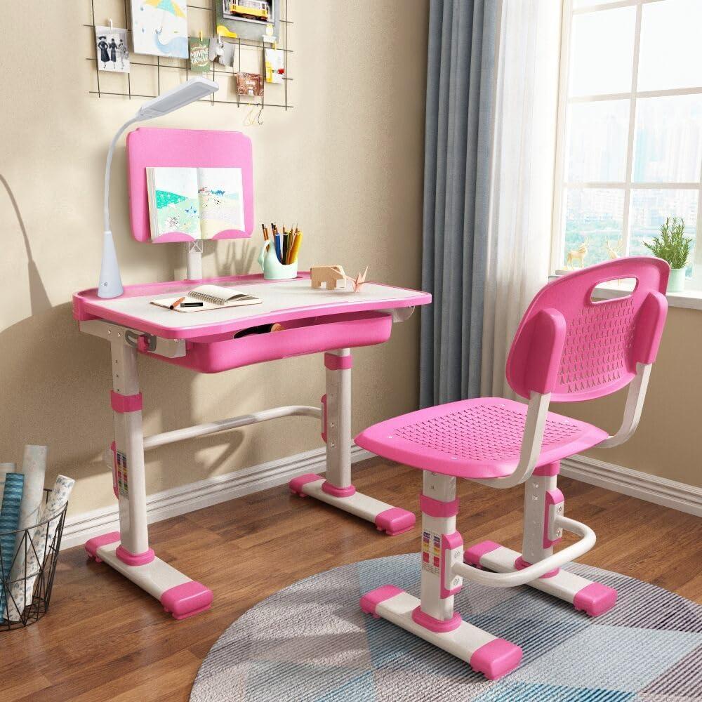 Kids Desk and Chair Set, Height Adjustable Children School Study Desk with Tilt Desktop, Bookstand, LED Lamp, Metal Hook and Storage Drawer for Boys Girls, Pink