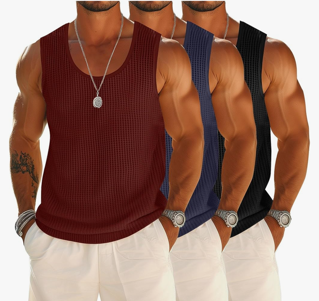 Riyiper 3 Pack Mens Big and Tall Tank Tops Waffle Knit Casual Sleeveless Shirts Plus Size Summer Muscle Tees, XL