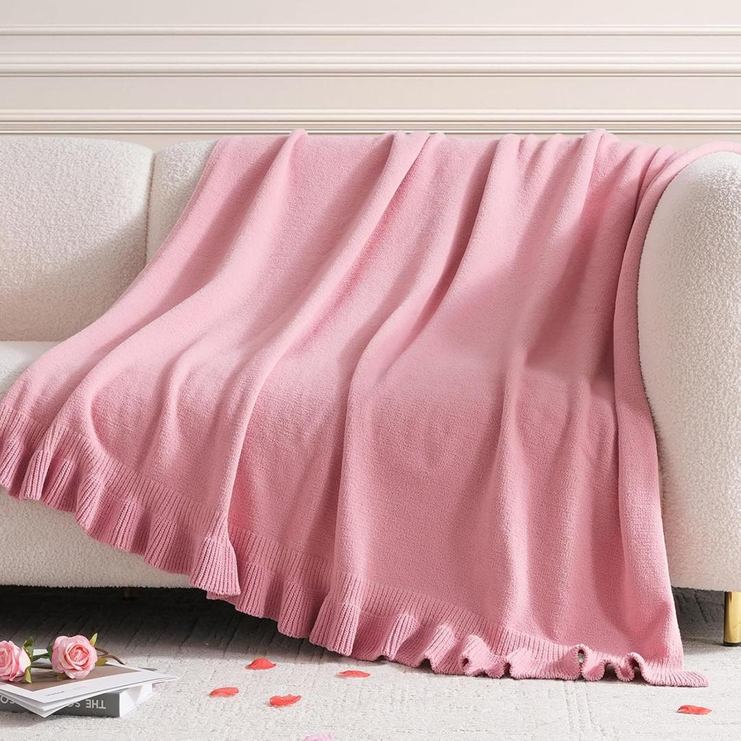 Amlie Home Ultra Soft Ruffle Knit Chenille Throw Blanket for Couch & Bed, Cozy Flowers Blankets for Home Decor, Gifts for Women Mom Sister on Mother's Day Valentine's Day Birthday, 50"x60", Pink
