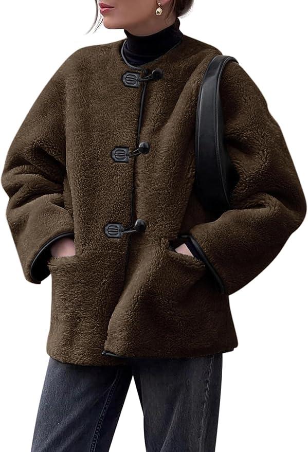 Cicy Bell Womens Faux Fur Jacket Fuzzy Coat Long Sleeve Button Front Warm Winter Outerwear with Pockets, Large