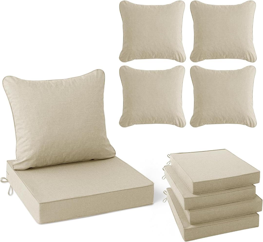 Summsun Patio Chair Cushions Set of 4, Faux Linen Outdoor Furniture Cushions, Water Resistant Backrest and Deep Seat Cushion Set with Straps, Removable Cover, Non-Slip Bottom, 22 x 22 Inch, Beige, 4P/22*22 + 22*20 Inch