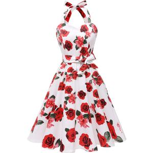 Topdress Women'sVintage Polka Audrey Dress 1950s Halter Retro Cocktail Dress (Medium, White Rose)