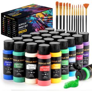 TMOL Acrylic Paint Set, 24 Colors (2 oz/Bottle) with 12 Art Brushes, Art Supplies for Painting Canvas, Wood, Ceramic & Fabric, Rich Pigments Lasting Quality for Beginners, Students & Professional Artist