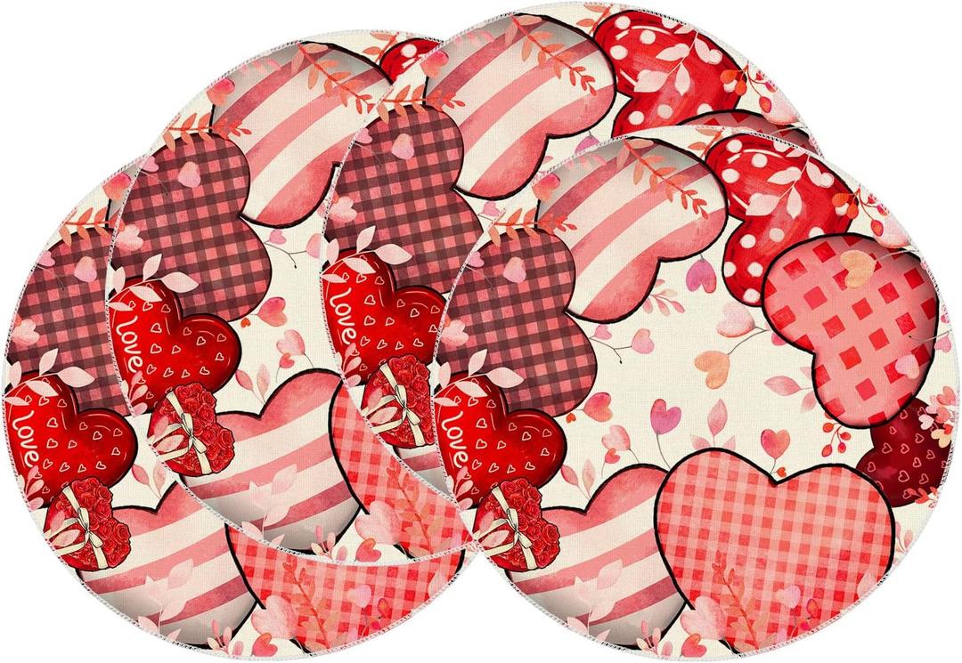 XCHI Love Hearts Valentine's Day Round Placemats Set of 4 Table Mats for Party Home Kitchen Dining Table Decorations 14x14 Inch