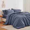Love's cabin Seersucker Navy Blue Queen Comforter Set 7 Pieces, All Season Bedding Set, Queen Bed in a Bag Comforter Set with Comforter, Flat Sheet, Fitted Sheet, Pillowcase and Pillow Sham Queen (88"X88" Navy Blue 