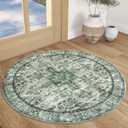 3' Round Washable Rug for Entryway, Green Soft Printed Area Rug, Non-Slip Kitchen Rugs, Low-Pile Medallion Indoor Door Mat, Small Farmhouse Carpet for Entrance Kitchen Foyer Bedside