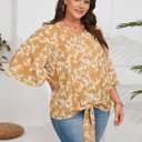 SCOMCHIC Women's Plus Size Blouses V Neck Tops 3/4 Sleeve Tie Knot Casual False Button Down Shirts XL-5XL (Floral Yellow)