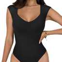 REORIA Butsmooth Women's Trendy Sexy Casual V Neck Double Lined Sleeveless Slimming Going Out Tank Top Bodysuits (Medium, Black)