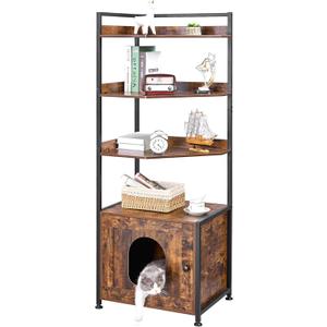 BEWISHOME Cat Litter Box Enclosure Furniture, Hidden Litter Box Furniture for Living Room, Large Cat Furniture with 4 Tier Shelves and Door, Rusitc Brown, CMW06Z