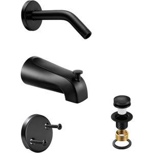 3 Piece Bathroom Fixture Set in Matte Black Shower Arm with Flange, Bathtub Drain, and 5-1/4 Inch Tub Spout Complete Upgrade Kit for Modern Bathrooms