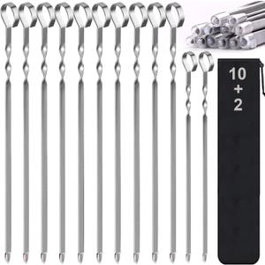 Skewers - 17" Kabob Skewers for Grilling, Metal Sticks for Kabobs Stainless Steel Flat Long Shish Kebab Reusable Grill BBQ Barbecue Sticks for Meat Chicken Vegetable, 12 Pack Bonus 14 Inch