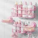 KEGII Suction Cup Shower Caddy 3 Pack Suction Cup Shelf with Soap Holder & Hooks, Rustproof Stainless Steel Shower Organizer Rack, Removable No Drilling Bathroom Storage Rack, Pink