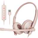 awatrue USB Headset with Microphone for PC - Lightweight & Comfortable Pink Computer Headset for Office, Call Center, Remote Work - Includes Carry Pouch (Clear Audio)