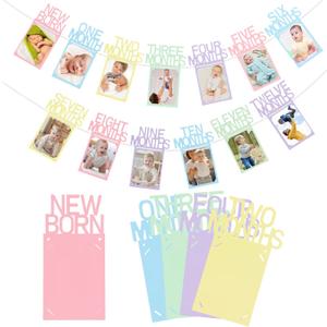 Buryeah Pastel 1st Birthday Photo Banner for Baby from Newborn to 12 Months Macaron One Year Photo Banner with Frame First Birthday Party Decorations for Girl Monthly Milestones Garland (Light Color)