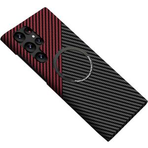 Magnetic Case for Samsung Galaxy S25 Ultra, Compatible with MagSafe Carbon Fiber Slim Thin Lightweight Aramid Fiber PC Back Anti Scratch Drop Protection Rugged Shockproof Cover, Black&Red