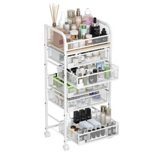 MODCART Makeup Organizer with 5 Drawers, Skincare Storage, Floor Skincare Organizers with Wheels Nameplates, Vanity Cosmetic Holder for Perfume, Nail Polish, Brushes, White