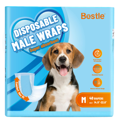 Bestle Male Dog Wrap, Disposable Dog Diapers, 40 Count, M (Waist 19.7”23.6”), Wetness Indicator, Ultra Protection, Leak Proof, Super Absorbent, Soft