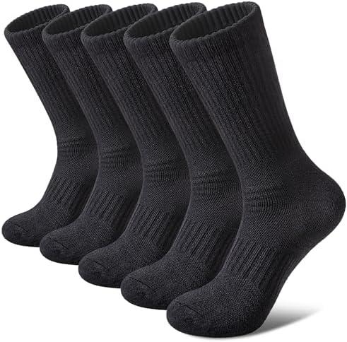 FNOVCO Women's Hiking Walking Running Crew Socks Thick Cushioned Athletic Compression Socks 5 Pairs (Black, 9-11)