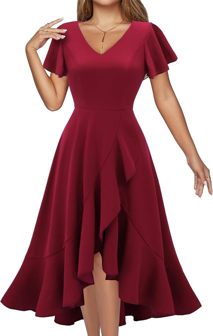 DRESSTELLS Women's Cocktail Dresses 2026, Formal Wedding Guest Prom Party Evening Graduation Hi Low Dress (Red, L)