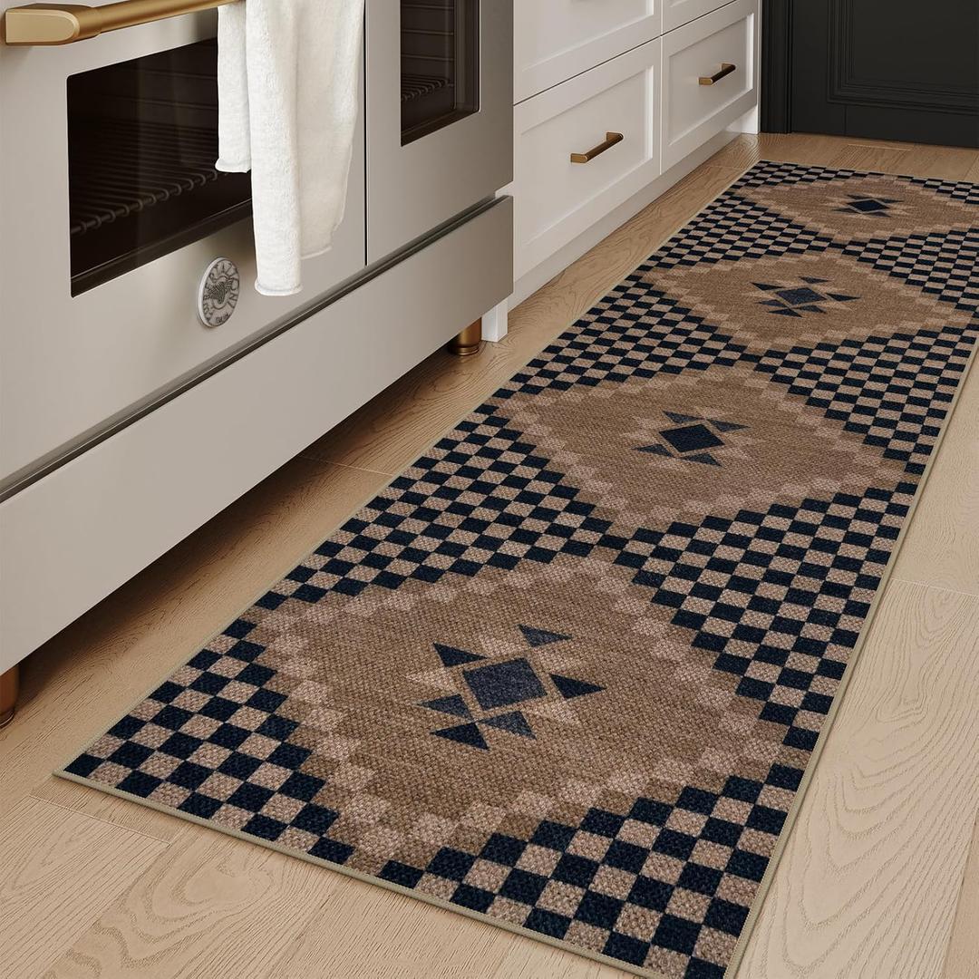 LIVEBOX Easy Jute Rug Runner for Hallway Non Slip, Washable Rug 2x8 for Kitchen, Black Checkered Long Hallway Rugs, Farmhouse Carpet Runner for Laundry Room Bedroom