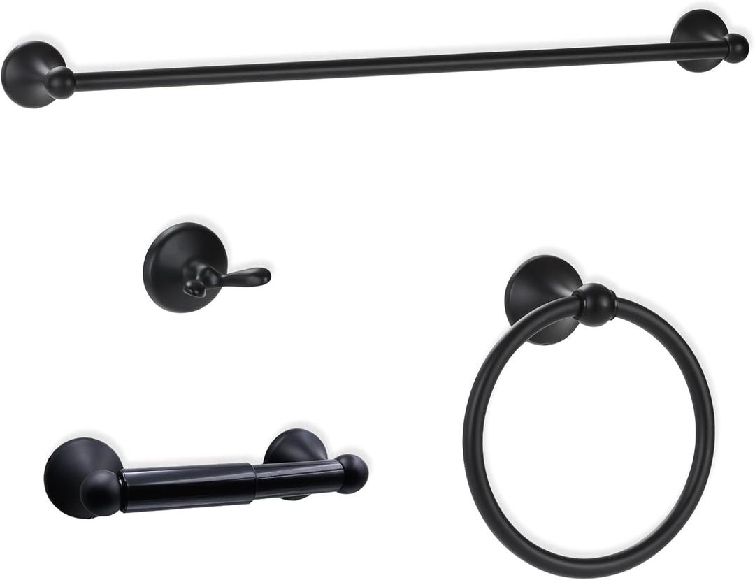 Bathroom Accessory Set,Matte Black Adjustable Expandable Towel Bar 4-Piece Bathroom Hardware Set Durable 24 inch Towel Rack Set Wall Mounted