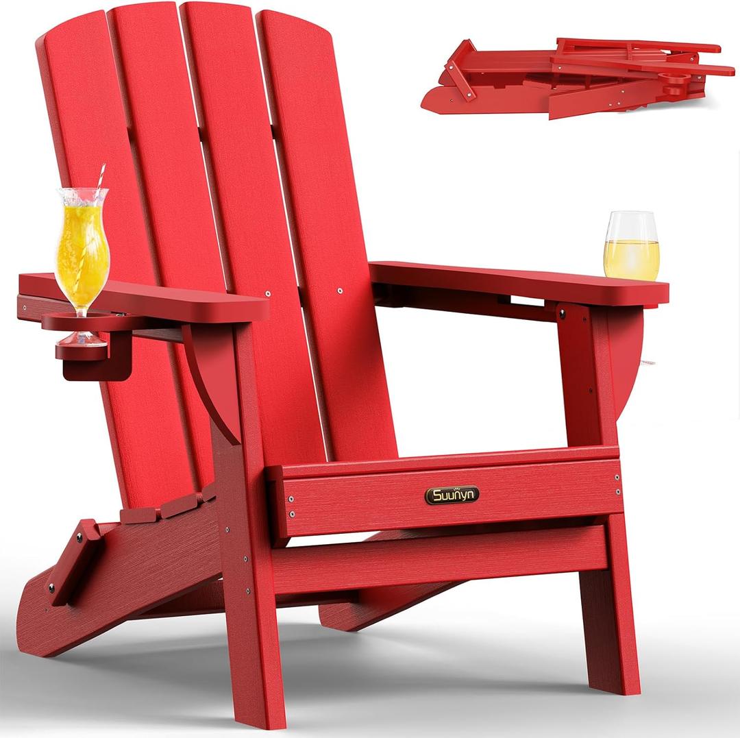 Folding Adirondack Chair, HDPE All-Weather Fire Pit Chairs, Plastic Adirondack Chairs with 2 Cup Holder, Outdoor Lawn Chair for Patio Garden (Red)