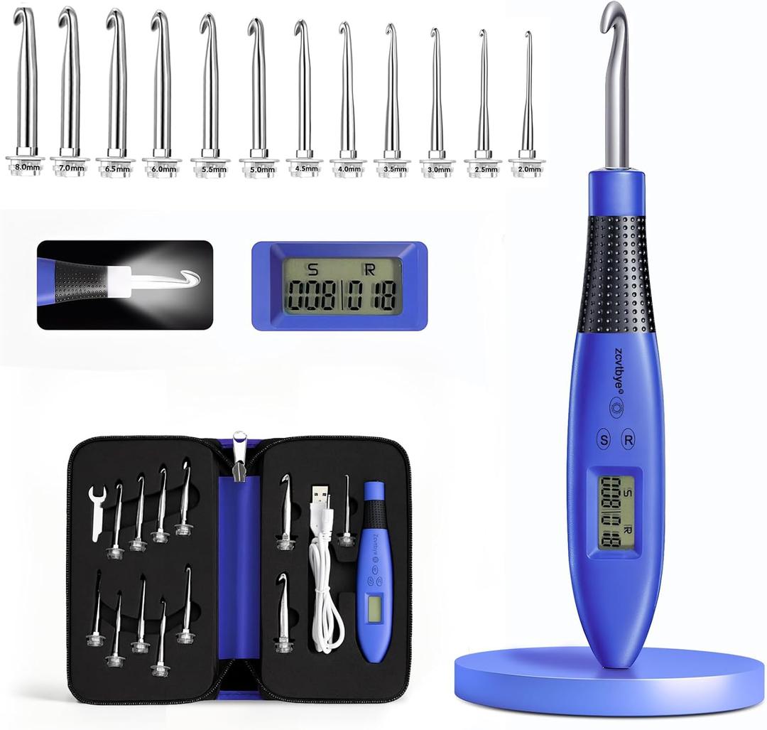 Light Up Crochet Hook Set Lighted Crochet Hook Set with 12 Different Size Interchangeable Crochet Needle, Ergonomic with 2 Levels Led and Digital Stitch Counter for Crocheting and Knitting