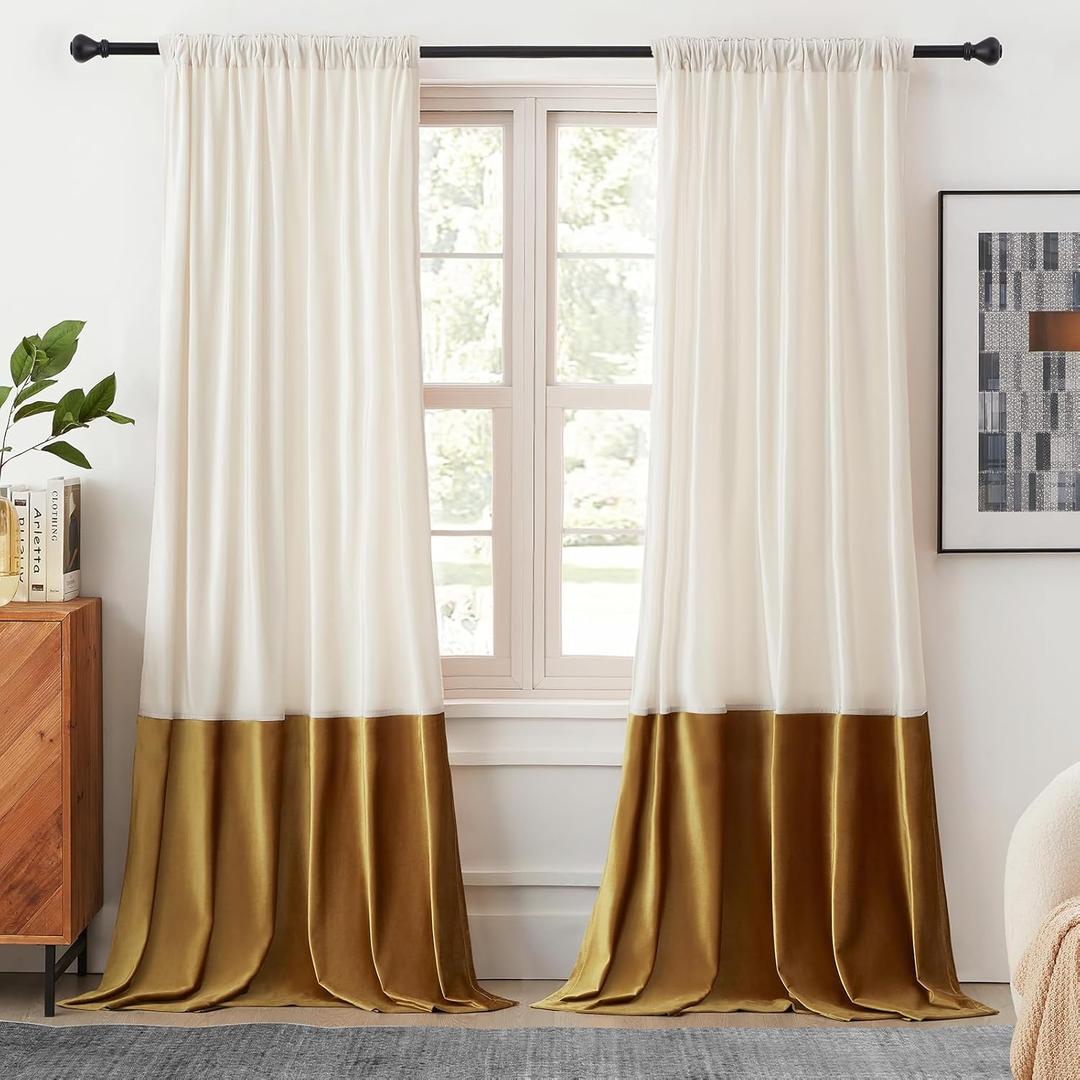 Velvet Curtains 84 inches Long for Living Room Cream Ivory Gold,2 Panels Blackout Curtains Modern Color Block Back Tab Rod Pocket Soundproof Drapes for Bedroom Window Decor