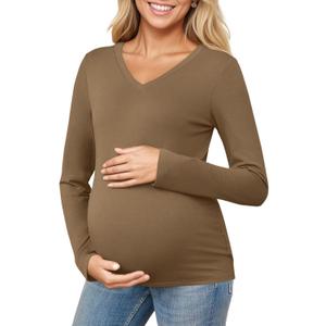 Yousify Womens Maternity Tops V Neck Long Sleeve Fitted Tunic Shirts Casual Basic Tees Mama Pregnancy Clothes (Brown)