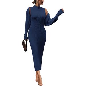 PRETTYGARDEN Women's Fall 2 Piece Outfits Knit Long Sleeve Cropped Cardigan Pullover Sweater Maxi Dress Sets Winter Clothing (Navy) XL