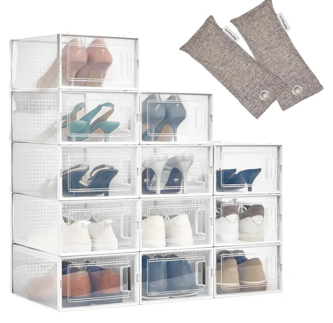 Set of 3 HomeBuddy Shoe Organizer Box - 12 Pack Shoe Box, Stackable Sneaker Storage, Sturdy Shoe Containers with Back Ventilation, Clear Shoe Boxes - Bamboo Charcoal Deodorizers Included
