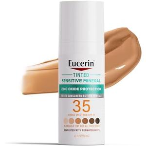 Eucerin Sun Tinted Sensitive Mineral Face Sunscreen Lotion SPF 35, Non-Comedogenic Mineral Sunscreen with Gentle Zinc Oxide Protection for Sensitive Skin, 1.7 Fl Oz Bottle Exp 06/2027
