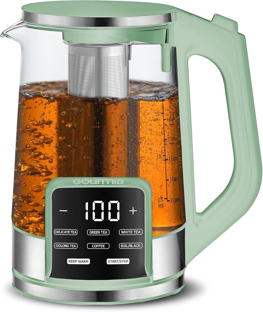 Gourmia Electric Glass Kettle 1.7L Programmable Tea & Coffee Brewer with Digital Touch Display, 6 Presets, Removable Stainless Steel Infuser, Cordless with 360 Swivel Base, Green