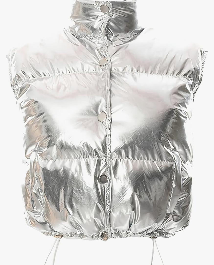 Flygo Women's Winter Crop Vest Metallic Quilted Down Vest Sleeveless Puffer Jacket L