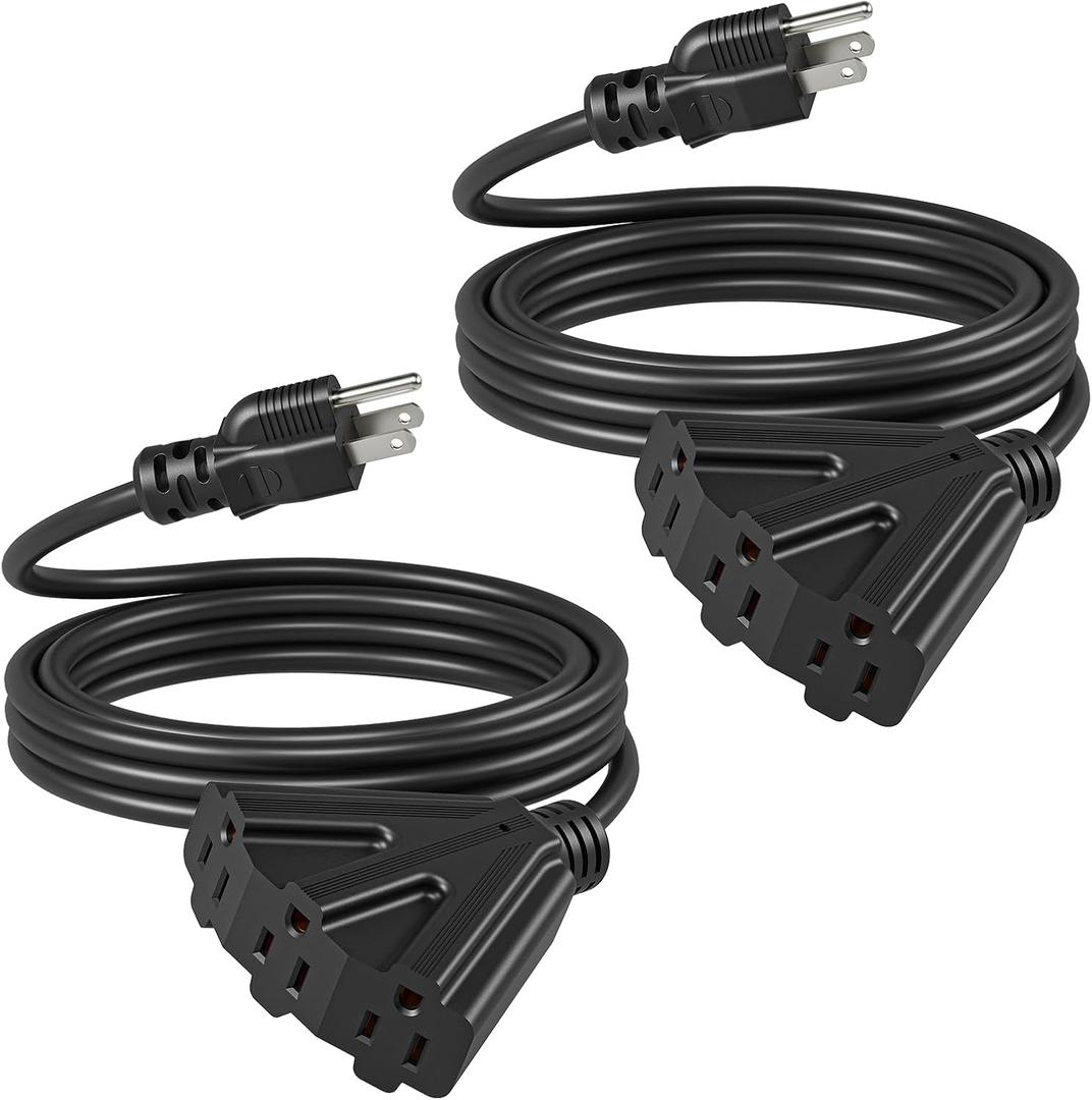 DEWENWILS 10 FT Outdoor Tri-Tap Extension Cord Splitter, Halloween Weatherproof 16/3 SJTW Power Cable for Holiday Decoration and Outdoor Landscaping String Lights, ETL Listed, Pack of 2, Black