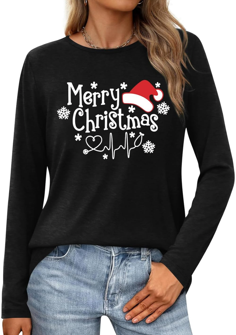 Christmas T-Shirt for Women Long Sleeve Round Neck Xmas Holiday Shirts Casual Basic Tunic Tops L