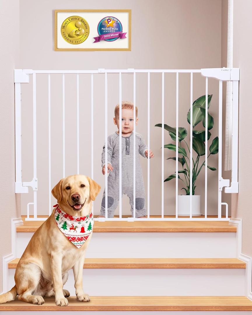 Cumbor 29.243" Baby Gate for Stairs, Wall-Mounted (Drill Required), Expandable No Bottom Bar Dog Gate, Auto Close Extra Wide Walk Thru, Pet & Toddler Proof Gate, Top & Bottom of Stairways (White)
